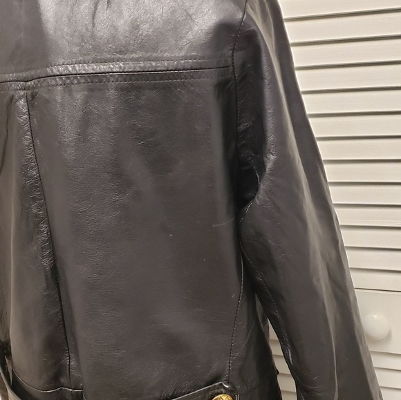 🌼SOLD! Vintage Leather Trench Coat, Brass Buttons - Picture 7 of 8
